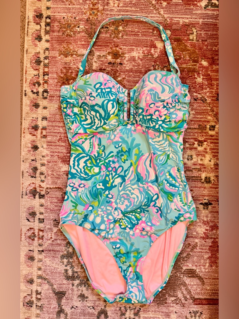 Lilly Pulitzer Dru Women’s One-Piece Swimsuit in Blue Teal Pink Ibiza Size 14